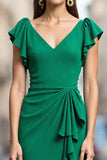 Green Satin Bodycon V-Neck Ruched Midi Work Dress with Drape
