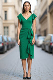 Green Satin Bodycon V-Neck Ruched Midi Work Dress with Drape