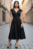 Black A Line Satin Midi V-Neck Work Dress