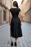 Black A Line Satin Midi V-Neck Work Dress
