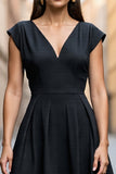 Black A Line Satin Midi V-Neck Work Dress