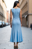 Satin Sky Blue Sheath Ruched Midi Work Dress with Ruffles