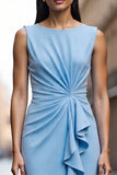 Satin Sky Blue Sheath Ruched Midi Work Dress with Ruffles