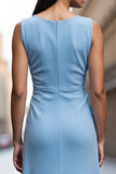 Satin Sky Blue Sheath Ruched Midi Work Dress with Ruffles