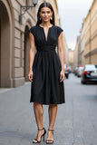 A Line Black V-Neck Cap Sleeves Midi Work Dress