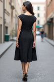 A Line Black V-Neck Cap Sleeves Midi Work Dress