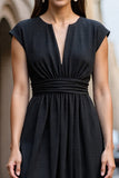A Line Black V-Neck Cap Sleeves Midi Work Dress
