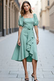 A Line Ruffled Mint Green Square Neck Midi Satin Work Dress