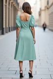 A Line Ruffled Mint Green Square Neck Midi Satin Work Dress