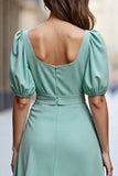A Line Ruffled Mint Green Square Neck Midi Satin Work Dress
