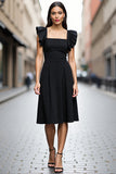 A Line Square Neck Black Satin Midi Work Dress with Ruffles