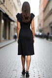 A Line Square Neck Black Satin Midi Work Dress with Ruffles