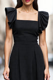 A Line Square Neck Black Satin Midi Work Dress with Ruffles