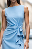 Sky Blue Bodycon Midi Ruched Work Dress with Drape