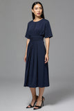A Line Navy Ruched Round Neck Midi Work Dress