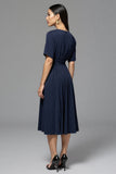 A Line Navy Ruched Round Neck Midi Work Dress