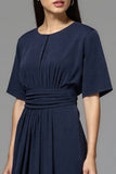 A Line Navy Ruched Round Neck Midi Work Dress