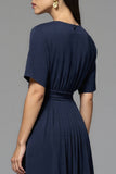 A Line Navy Ruched Round Neck Midi Work Dress