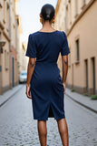 Navy Bodycon Square Neck Midi Work Dress with Short Sleeves