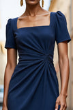 Navy Bodycon Square Neck Midi Work Dress with Short Sleeves