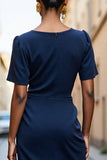 Navy Bodycon Square Neck Midi Work Dress with Short Sleeves