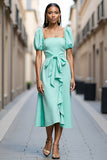 Mint Green A Line Square Neck Midi Work Dress with Ruffles
