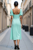 Mint Green A Line Square Neck Midi Work Dress with Ruffles