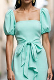 Mint Green A Line Square Neck Midi Work Dress with Ruffles