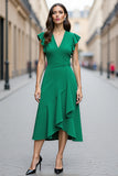 A Line V-Neck Green Ruffled Midi Work Dress