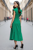 A Line V-Neck Green Ruffled Midi Work Dress