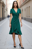 Dark Green Satin Ruched A Line Short Sleeves V Neck Midi Work Dress with Drape