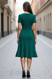 Dark Green Satin Ruched A Line Short Sleeves V Neck Midi Work Dress with Drape