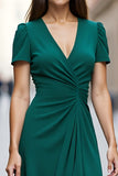 Dark Green Satin Ruched A Line Short Sleeves V Neck Midi Work Dress with Drape