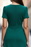 Dark Green Satin Ruched A Line Short Sleeves V Neck Midi Work Dress with Drape