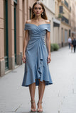 A Line Grey Blue Off the Shoulder Ruched Midi Work Dress with Ruffles