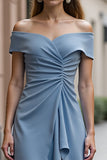 A Line Grey Blue Off the Shoulder Ruched Midi Work Dress with Ruffles