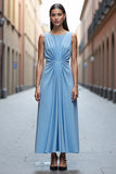 Sky Blue Satin Ruched A Line Long Work Dress