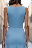 Sky Blue Satin Ruched A Line Long Work Dress