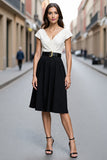 Ivory and Black Midi Satin A Line V-Neck Work Dress with Belt