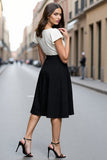 Ivory and Black Midi Satin A Line V-Neck Work Dress with Belt