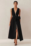 A Line Black Satin V-Neck Long Work Dress with Sash