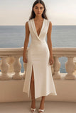 Ivory Satin Shawl Lapel Midi Work Dress with Slit