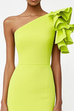 Lemon Yellow One Shoulder Satin Asymmetrical Formal Dress with Ruffles