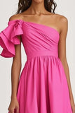 Fuchsia A Line One Shoulder High-Low Formal Dress with Ruffles