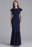 Navy Mermaid Cap Sleeves Long Formal Dress