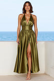 Olive Satin Deep V-Neck A Line Formal Dress with Slit