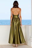 Olive Satin Deep V-Neck A Line Formal Dress with Slit
