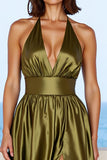 Olive Satin Deep V-Neck A Line Formal Dress with Slit