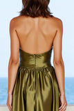Olive Satin Deep V-Neck A Line Formal Dress with Slit