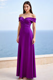 Plum Sheath Satin Ruched Long Formal Dress